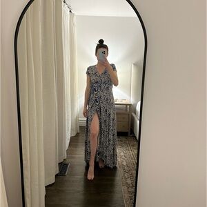 BEACHGOLD Blue and Cream Wrap Tie Front Maxi Dress